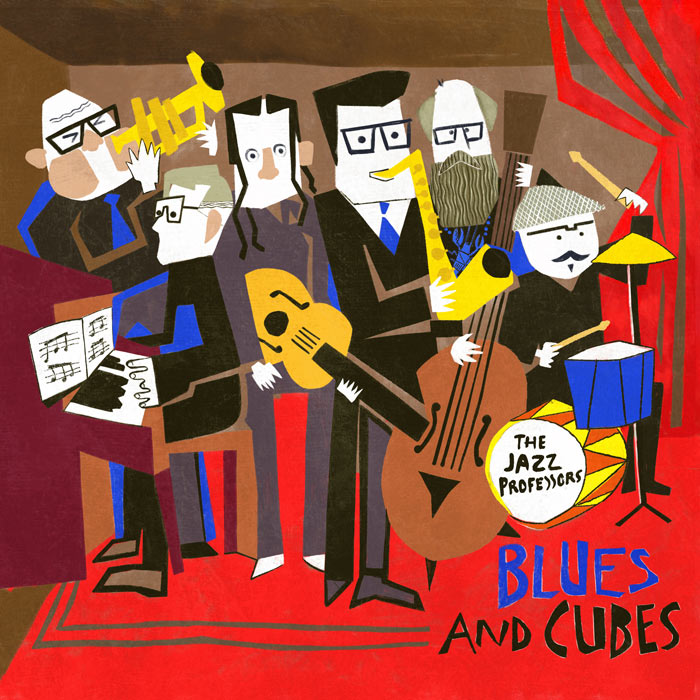 Cubist painting of The Jazz Professors alongside the title Blues and Cubes
