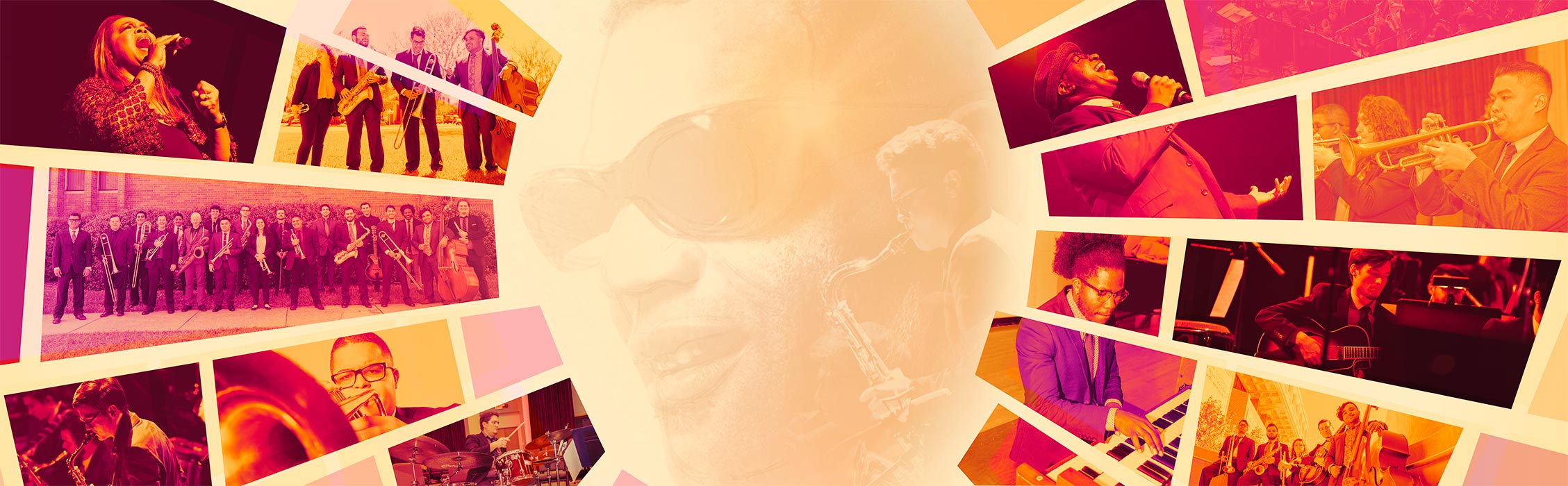 Collage of band photos with Ray Charles in the center