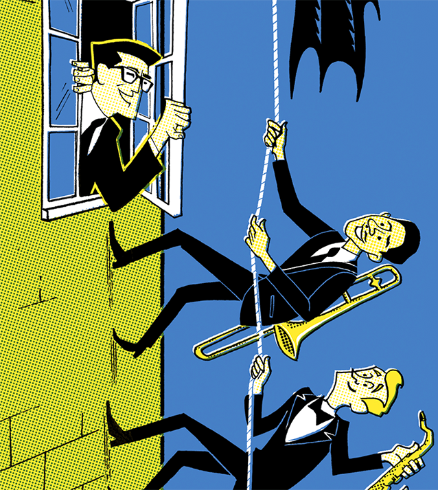 Cartoon illustration of jazz players climbing a building with a rope while the director leans out a window