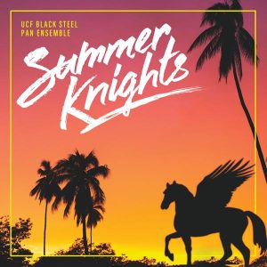 Album cover for Summer Knights by Black Steel Pan Ensemble, featuring a pegasus and palm trees at sunset