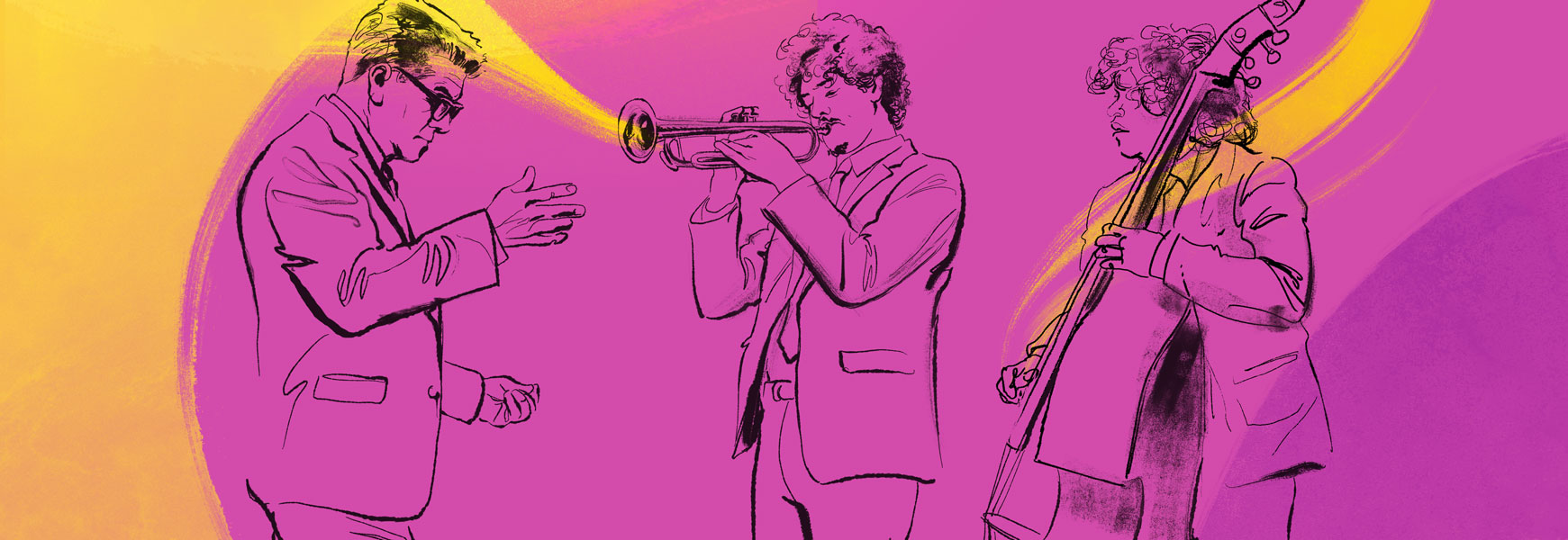 Illustration of director Jeff Rupert alongside trumpeter and bass player