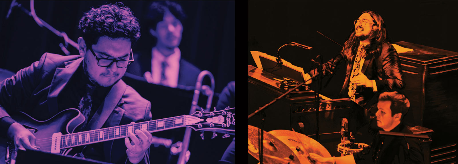 Brightly recolored photographs of guitar player, pianist, and drummer