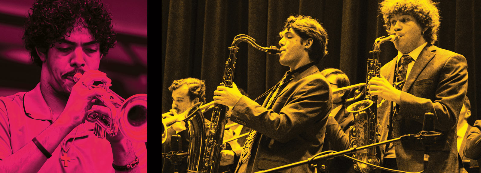 Brightly recolored photographs of trumpet player and saxophone players