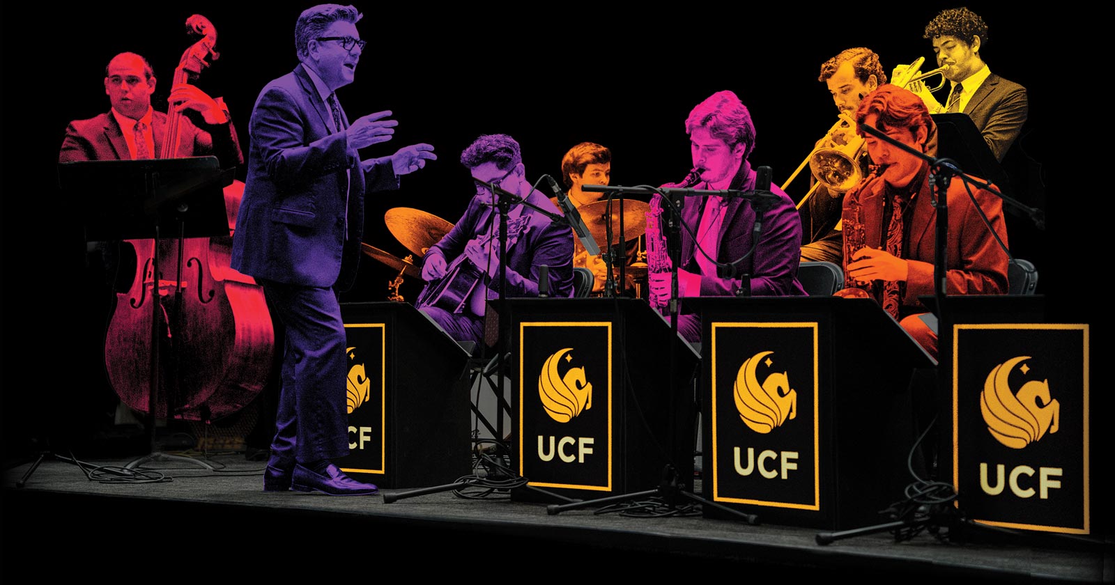 Brightly recolored photograph of The Flying Horse Big Band in concert